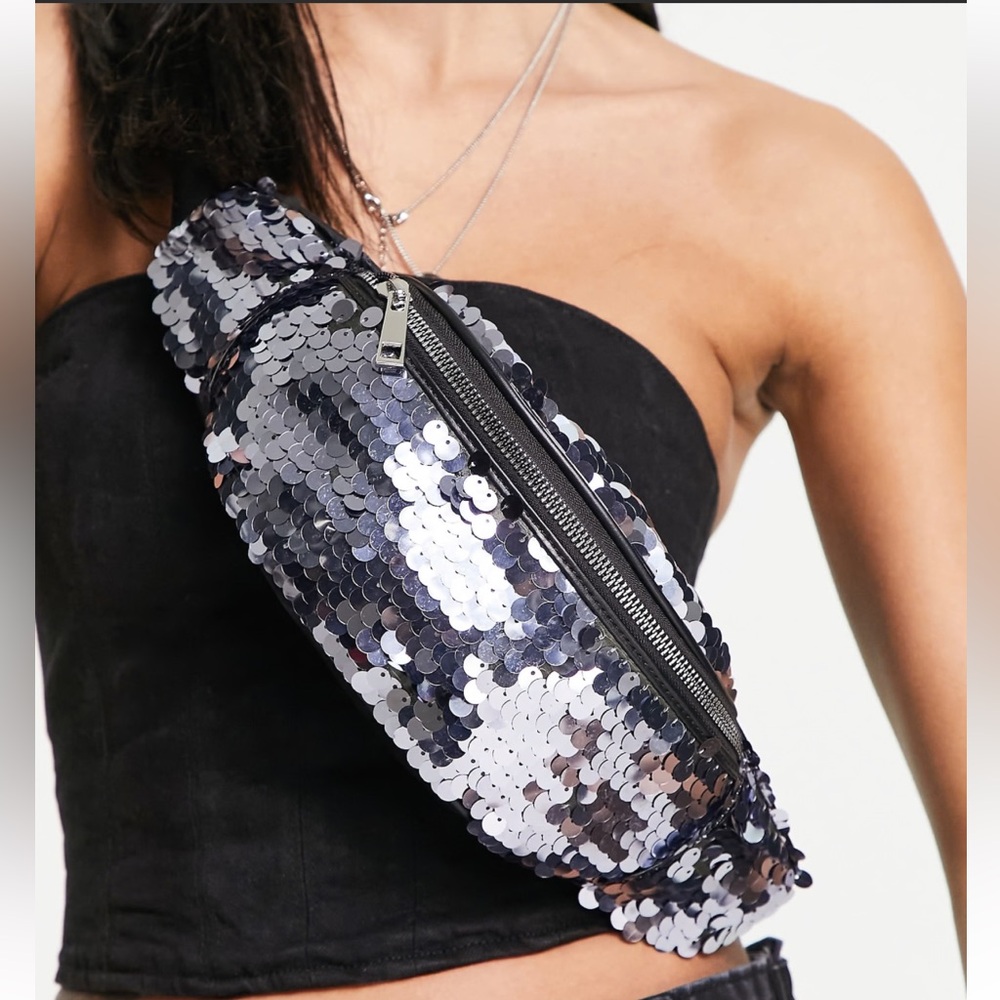 NWOT ASOS DESIGN sequin fanny pack in silver party festival music phish